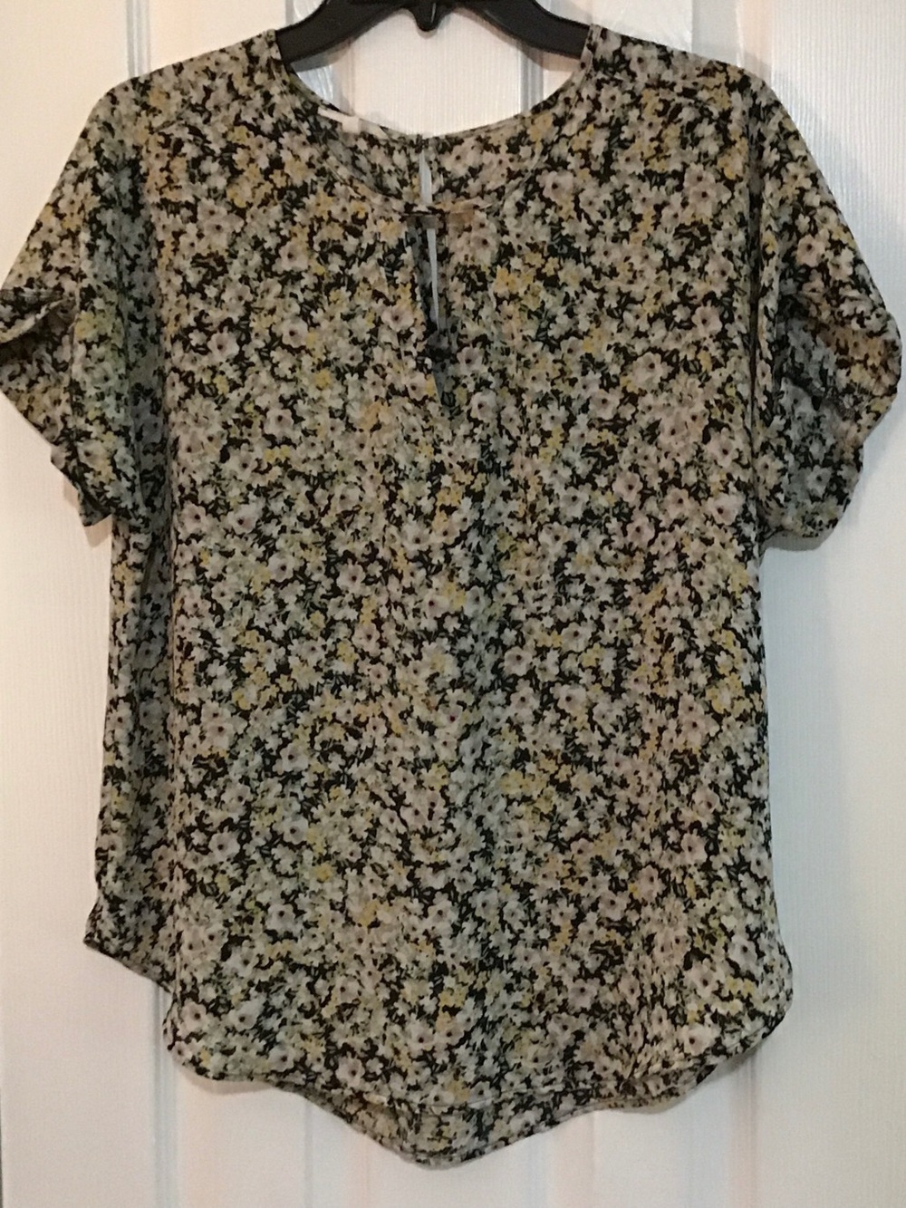 Maurices Floral Short Sleeve Blouse in Black and Yellow